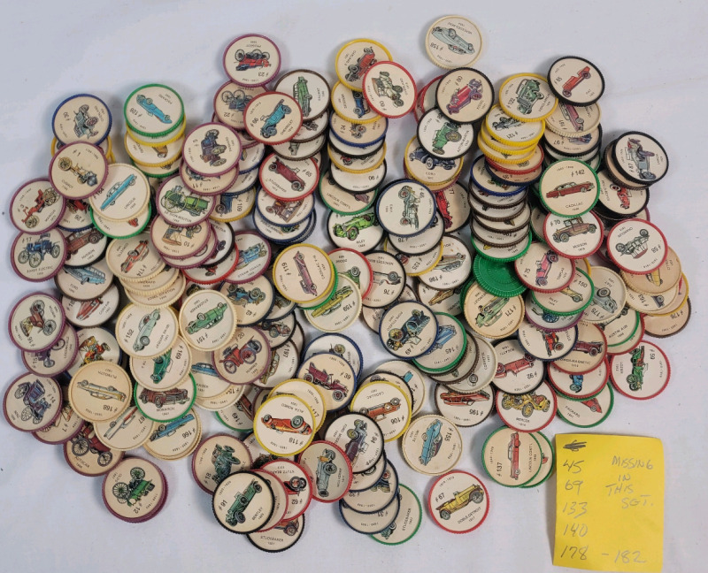 Vintage 1960s Jell-O " Car Wheels " Coins . 194 Coins , Note with Lot Lists Missing 6 Coins