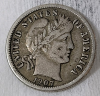 1907-O USA Silver " Barber " 10-Cent Dime