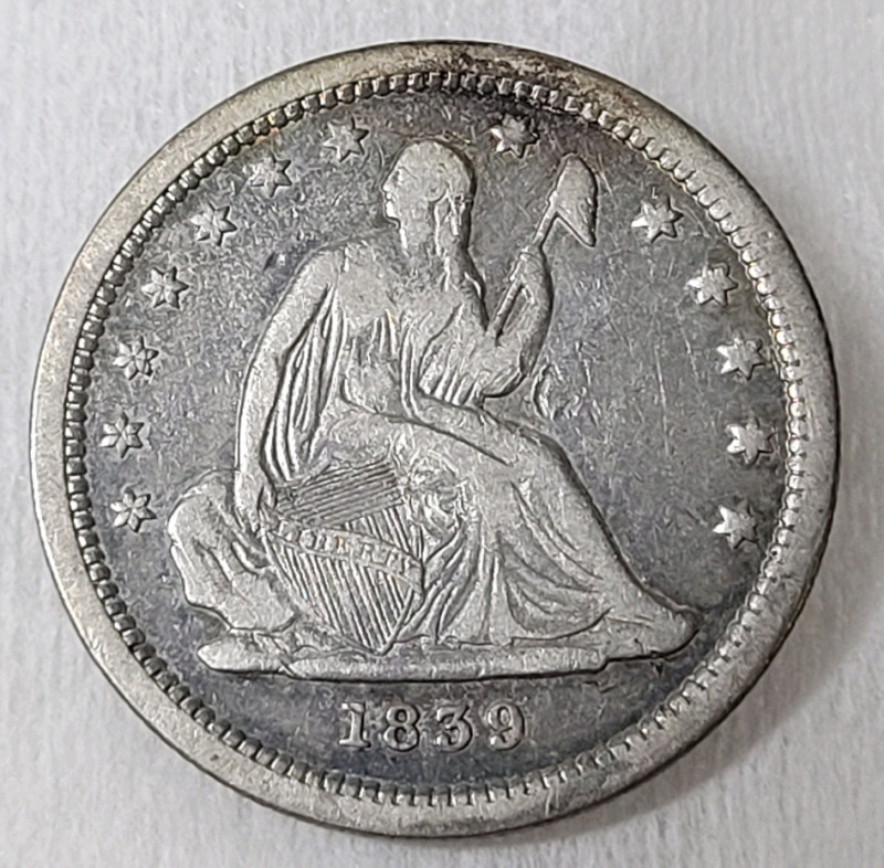1839 USA Silver Sitting Liberty 25-Cent Quarter , No Drapery