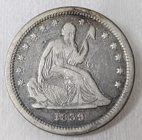 1839 USA Silver Sitting Liberty 25-Cent Quarter , No Drapery