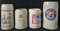 4 Vintage Brewery Beer Mugs Approx 0.5 to 1 L each, 5 to 7.5 inches tall.