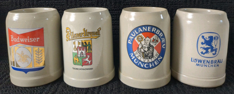 4 Vintage Brewery Beer Mugs Approx 0.5 L each, 5 inches tall.