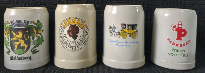 4 Vintage German Brewery Beer Mugs Approx 0.5 L each, 5 inches tall.