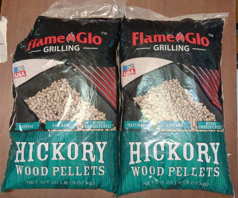 2 Bags Flame Glo Grilling Hickory Wood Pellets Approx 20LB/9KG per bag.