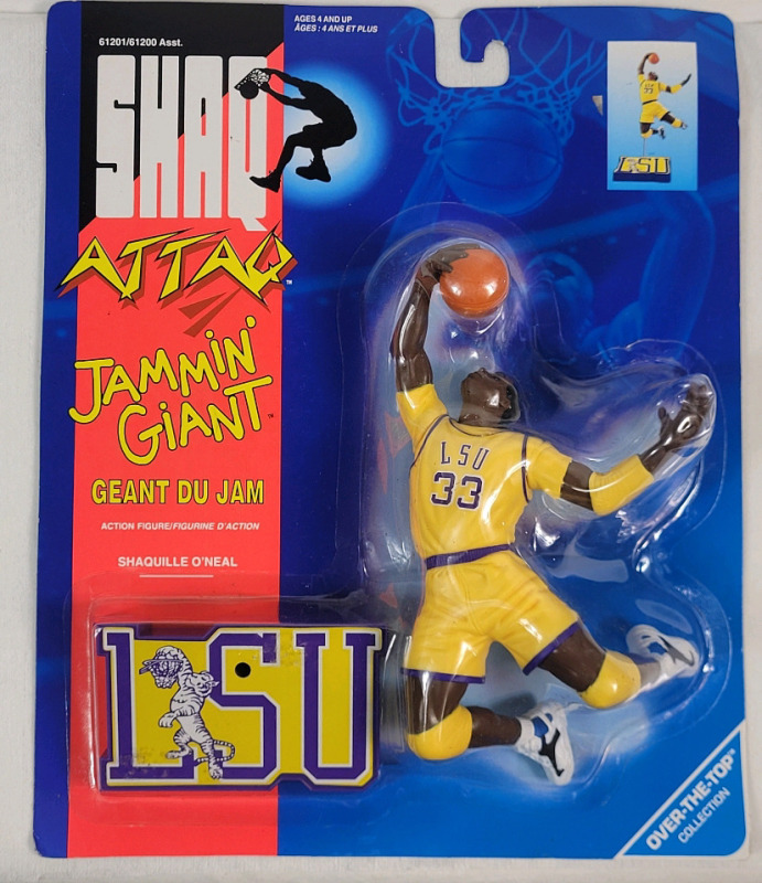 Vintage 1993 Kenner SHAQ Attack LSU Jammin' Giant Shaq 7" Action Figure , Shaquille O'Neal Over-The-Top Collection . Sealed