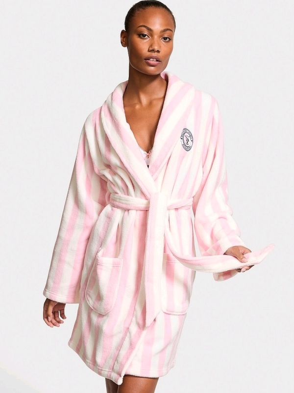 New Size XXS Women's VICTORIA'S SECRET Short Cozy Plush Robe : Pink / White Stripes - Retails $72.95!