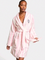 New Size XXS Women's VICTORIA'S SECRET Short Cozy Plush Robe : Pink / White Stripes - Retails $72.95!