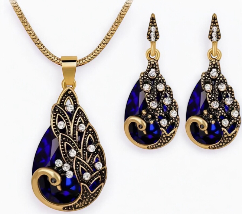 High-Quality Vintage Inspired Peacock Necklace and Pierced Earrings Set see description for sizes