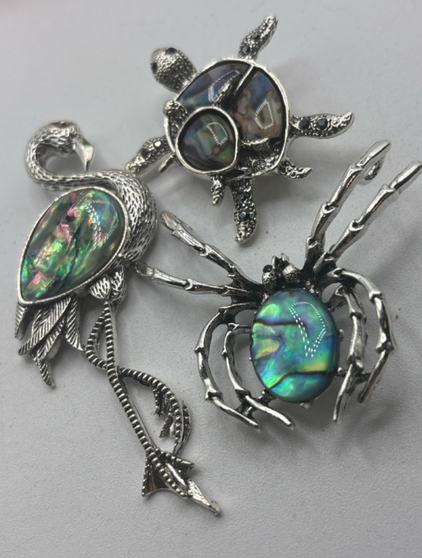 Three Abalone Critter Body Brooches Spider Turtle Pelican Fabulous