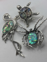 Three Abalone Critter Body Brooches Spider Turtle Pelican Fabulous