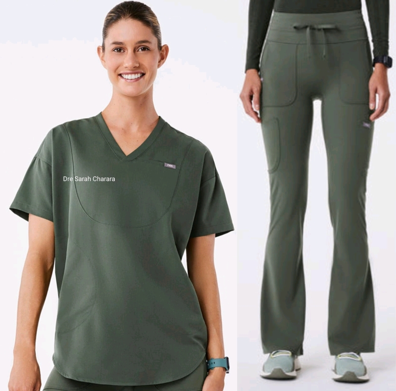 New Size Large Women's FIGS [Personalized] : Short Sleeve Tunic Scrub Top & Flare Scrubleggings (Moss) | Retails $130+