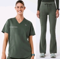 New Size Large Women's FIGS [Personalized] : Short Sleeve Tunic Scrub Top & Flare Scrubleggings (Moss) | Retails $130+