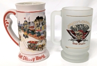 2 Vintage Walt Disney Tankards : Walt Disney World Ceramic & Pirates of the Caribbean Magic Kingdom Frosted Glass, 6" - 6.5", No Chips or Cracks
