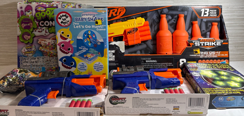 7 New Assorted Toys Includes Nerf Alpha Strike, Creative Kids Slime Set, Pinkfong Baby Shark Hunt , Glow in the Dark Games