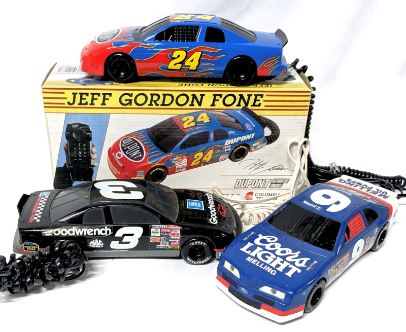 3 Vintage Columbia Tel-Com Corded Home Phones : JEFF GORDON FONE #24 In New Condition With Box + #9 & #3 In Good Condition