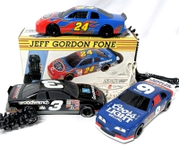 3 Vintage Columbia Tel-Com Corded Home Phones : JEFF GORDON FONE #24 In New Condition With Box + #9 & #3 In Good Condition