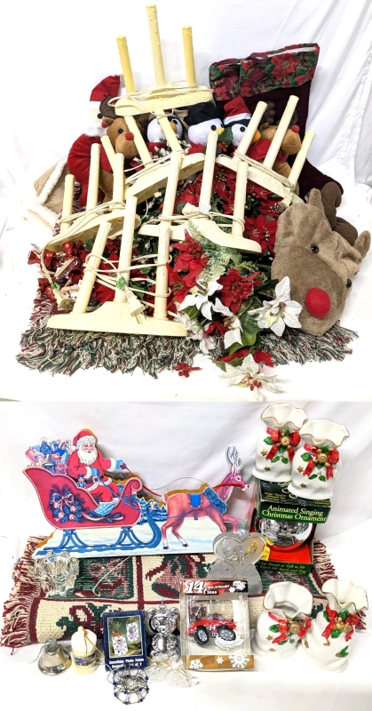 [As-Is] Vintage Christmas: 6&times; 3-Candle Candelabras, Doorknob Danglers, Stockings, Faux Plants, Light Bulbs & Ornaments & 15" Long Working Wall-Mounted Musical Animatronic Santa in Sleigh (Pull String to Wind) + More