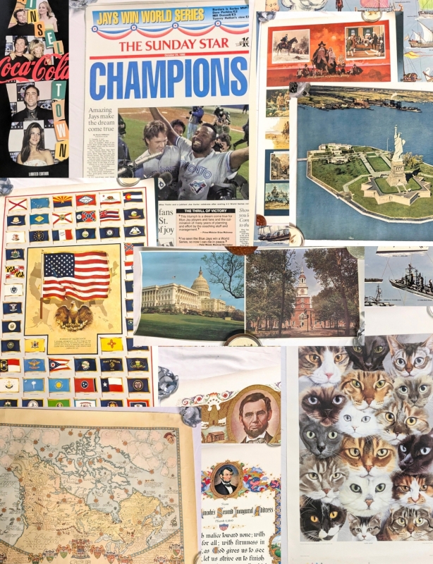 13 Vintage Posters : Cat's Eye, Historical Boats, Historic Canada, Lincoln, US State Flags, Blue Jays World Series Champions, Blockbuster + See Photos for Contents
