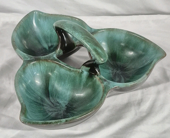Blue Mountain Pottery Style Triple Sectioned Serving Dish with Handle - 10" wide and 4" tall