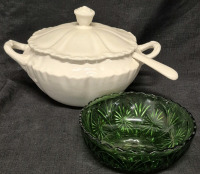 Vintage Beautiful Soup Tureen & Green Glass Serving Bowl