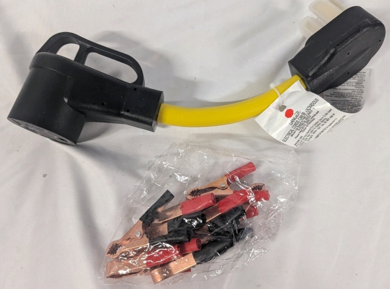 New Electrical Supplies. Adaptor Extension Cord and 10 50amp Clamps. Cord measures 12.5" Long.
