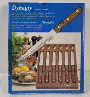 New Old Stock Dynasty Gourmet Cutlery 6pc. Steak Knife Set w/Wood Block Knofe Holder