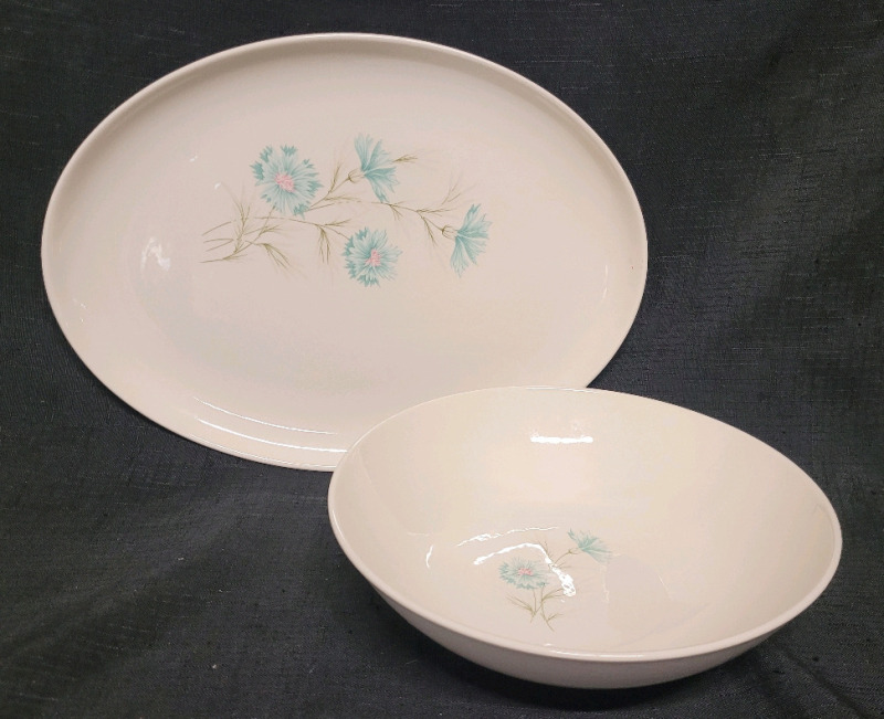 Vintage 1960s MCM Taylor Smith & Taylor Turquoise " Boutonniere " Ever Yours Serving Plate & Bowl . No chips or cracks . See photos for measurements