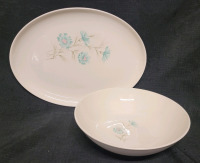 Vintage 1960s MCM Taylor Smith & Taylor Turquoise " Boutonniere " Ever Yours Serving Plate & Bowl . No chips or cracks . See photos for measurements