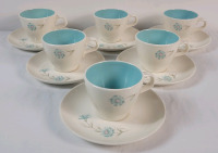 Set of 6 Vintage 1960s MCM Taylor Smith & Taylor Turquoise " Boutonniere " Ever Yours Cups & Saucers . No chips or cracks