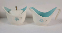 Vintage 1960s MCM Taylor Smith & Taylor Turquoise " Boutonniere " Ever Yours Creamer & Suger . No chips or cracks