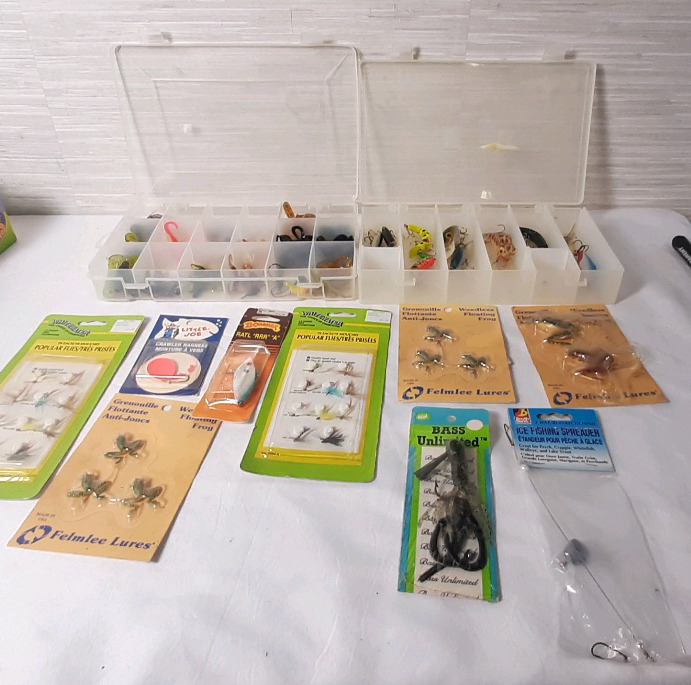 Large Lot of Vintage Fishing Rod Lures & Hooks | 9 Packages & 2 Tackle Boxes (Boxes Are 18"&times;12")