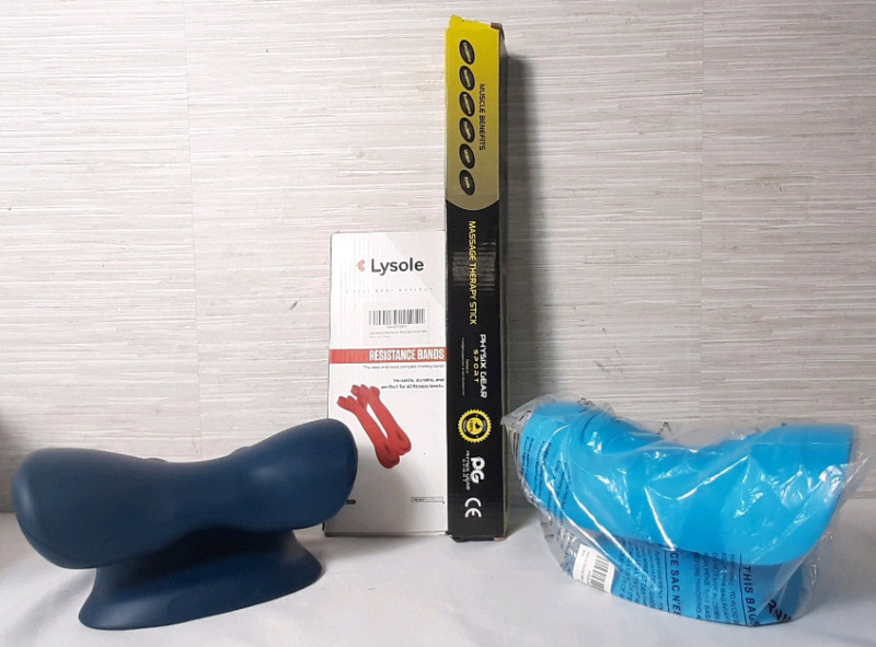 Lot of Fitness and Health Products | Includes Lysole Resistance Bands, Physix Gear Sport Massage Therapy Stick & 2 Restcloud P. Health Neck & Shoulder Massagers
