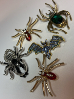 3 Beautiful Rhinestone Enamel Spider Brooches Emerald Green Cab / Flex Spider Ring / Amazing Glistening Blue Rhinestone Bat Brooch Sizes range 1.25 - 2.25 Inch