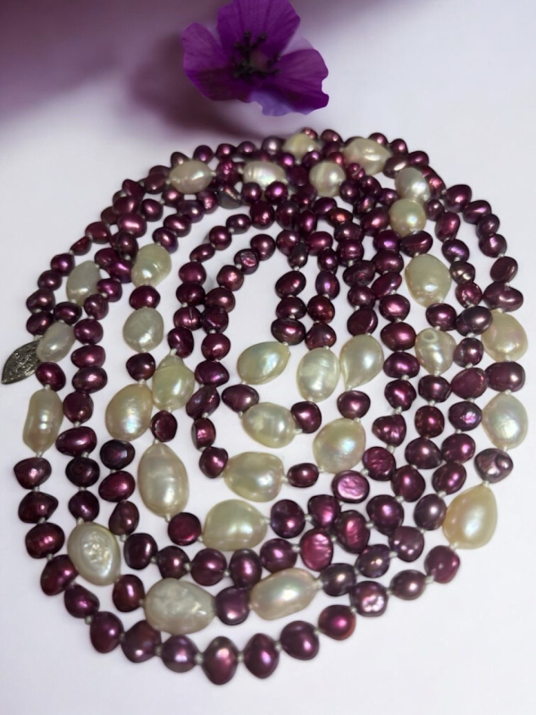 Natural Fresh Water Knotted Pearl Necklace Cranberry Iridescent White / White 14 / 20 Gold stamped Fish Clasp / Approximately 62 inch Opera Length