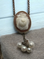 925 Italy Carved Rose Cameo Shell Necklace High Relief 4 Natural Pearl Dangles Stamped Chain is 19 inch Ring Clasp Cameo Approximately 1.5 inch