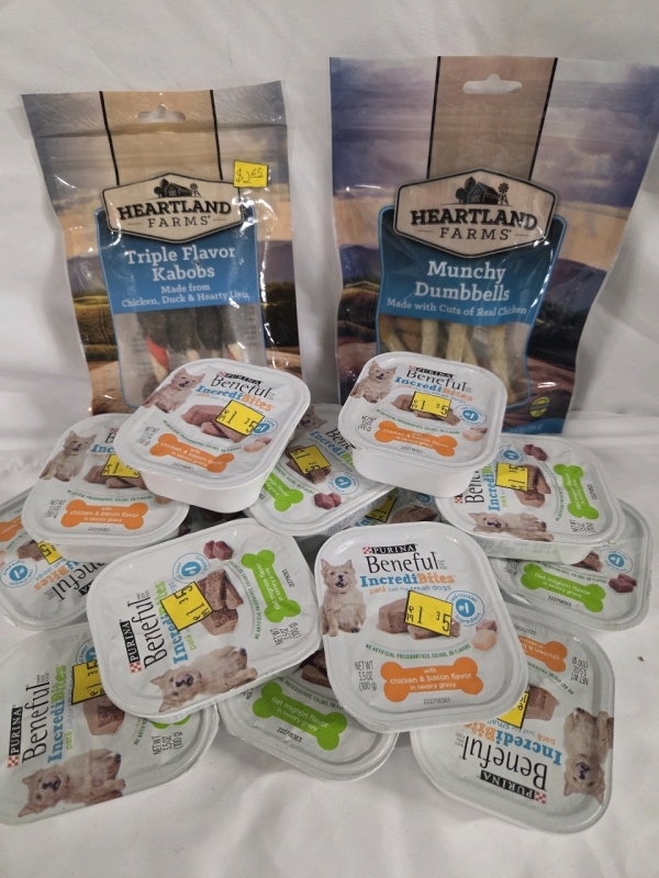 16 New | Assorted Dog Foods | Purina Beneful Incredibites & Heartland Farms Treats