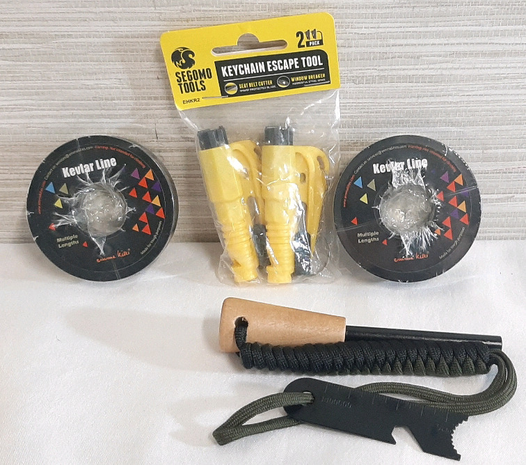 Lot of Outdoor Utility Tools | 2 Rolls of Kevlar Line, Segomo Tools Keychain Escape Tool Two Pack & Flint and Stick