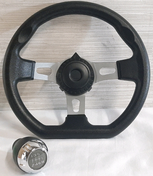 New Steering Wheel Designed for Go Karts & Mock Stick Shift Cap | Wheel Measures 10&frac12;" in Diameter, Cap Measures 3" Tall, 2" Wide