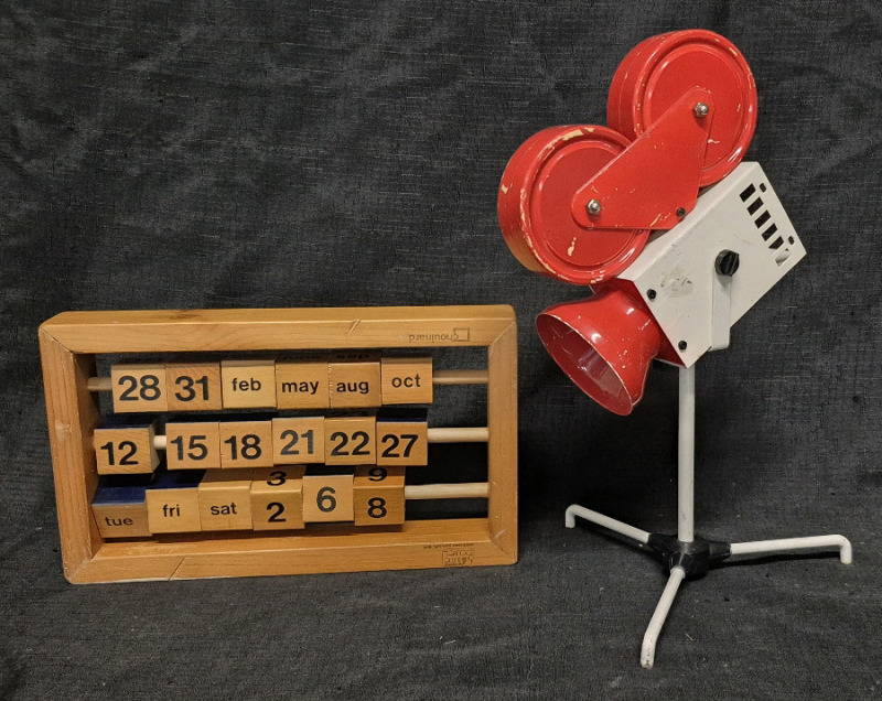 Vintage Wooden Perpetual Calendar 11.5" Long & Film Camera Decor 14" Tall