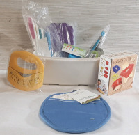 Large Lot of Kitchen Products | Includes Plastic Sink Colander (12" Long, 9" Wide, 4&frac12;" Tall), Pot Holder, Pizza Cutter, Sandwich Cutter, Tongs, Peeler, Tea Maker, Silicone Ice Trays & Silicone Knives