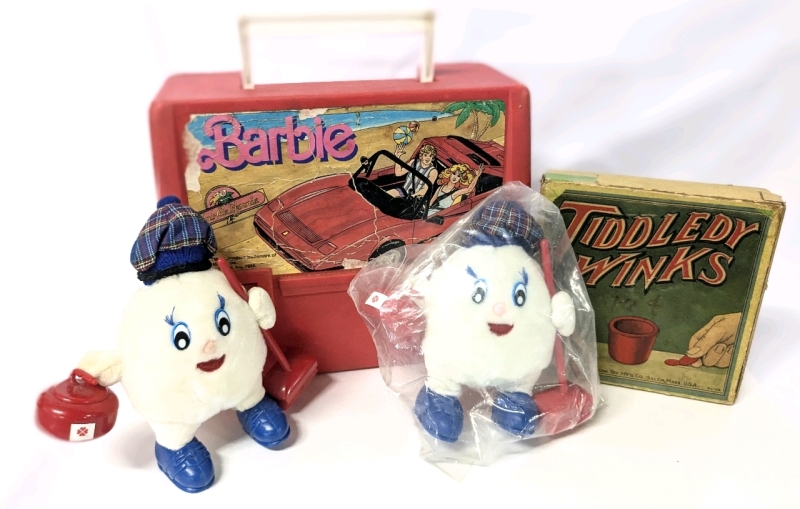 Vintage 1988 Barbie Thermos Brand Lunch Box, 2&times; Scotties Little Softie Curling Plush Advertising & Very Old Game of Tiddledy Winks