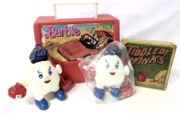 Vintage 1988 Barbie Thermos Brand Lunch Box, 2&times; Scotties Little Softie Curling Plush Advertising & Very Old Game of Tiddledy Winks
