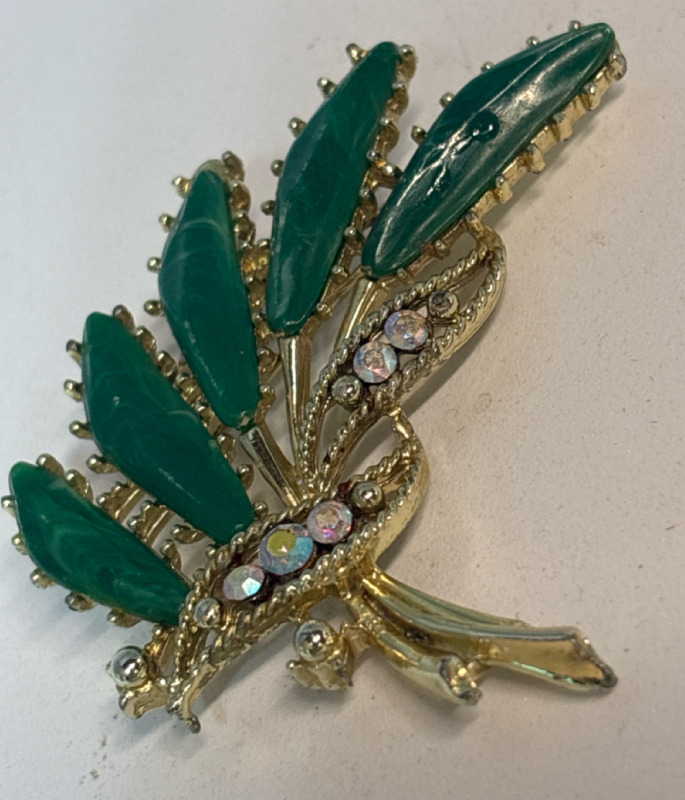 Vintage Carved Green Stone Spray Bouquet Brooch with AB Rhinestones Carved Thermoset Possibly Approximately 2 x 2.25 Inch
