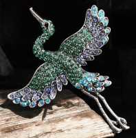 Lovely Crane Brooch with Sparkling Gemstones Emerald + AB Blue Accents Intricate Flying Bird Design Approximately 2.5 x 2 inch Back Bale for Pendant use