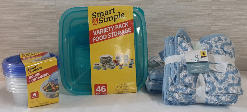 New Kitchen Items | Includes 2 Five-Piece Packs of Comfort Bay Wash Cloths, 46pc Smart & Simple Food Storage Variety Pack & 6pc Round Container Pack