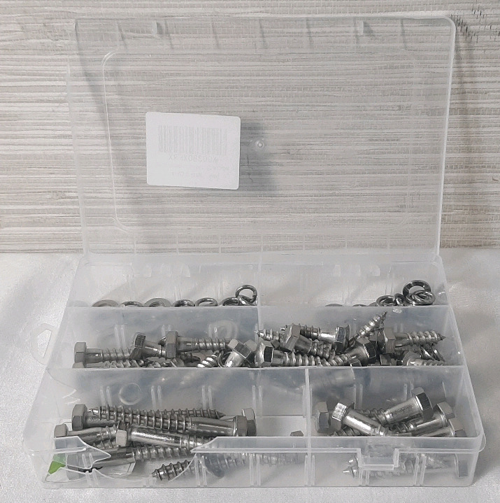 Assortment Box of Washers & Lag Screws | 50+ Pieces in Total, Box Measures 8" Wide, 5" Long | Box has Damage, Does not Impact Products Inside, Sold as is