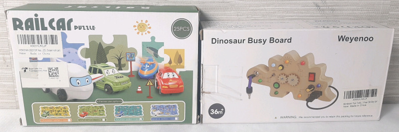 2 New in Box Children Toys & Games | Includes 25pc Railcar Puzzle (Package Measur3s 8&frac12;" Long, 4&frac12;" Tall) & Dinosaur Busy Board (Package Measures 9" Long, 3&frac12;" Tall)