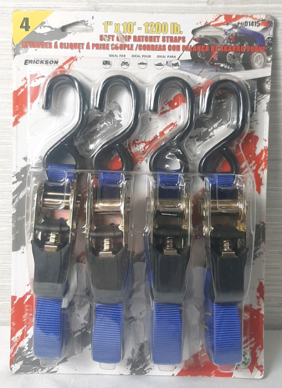 New in Package Four Pack of 1"&times;10" 1200 Lb. Soft Clip Ratchet Straps | Package Measures 14" Tall, 8" Wide