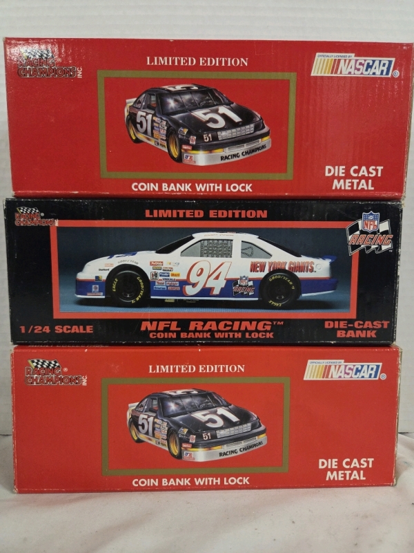 3 Vintage | 1/24 Scale Nascar Racing Champions Coin Bank w/ Lock Metal Diecasts