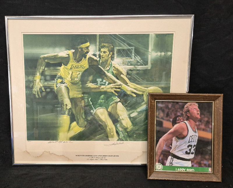 2 Framed Baseball Legends - Wilt Chamberlain & John Havlicek Print #196/1000 & Larry Bird Photo